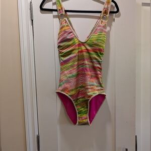 NWT Becca Multistripe Plunge 1 Piece With    Gold O Rings And Metallic Details,M